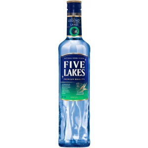 Flasche Five Lakes Vodka, 700 ml, mit natürlicher Kräuterinfusion, 40% Alkoholgehalt, in hochwertiger blauer Glasflasche mit goldener Kappe – bekannt für extra weichen Geschmack.