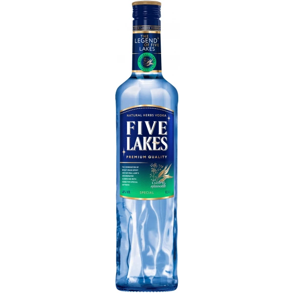 Flasche Five Lakes Vodka, 700 ml, mit natürlicher Kräuterinfusion, 40% Alkoholgehalt, in hochwertiger blauer Glasflasche mit goldener Kappe – bekannt für extra weichen Geschmack.