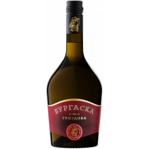 Flasche der Burgaska Grozdova Rakia 700ml, eine traditionelle bulgarische Traubenbranntwein-Spezialität, mit rubinrotem Etikett und goldfarbenen Akzenten.