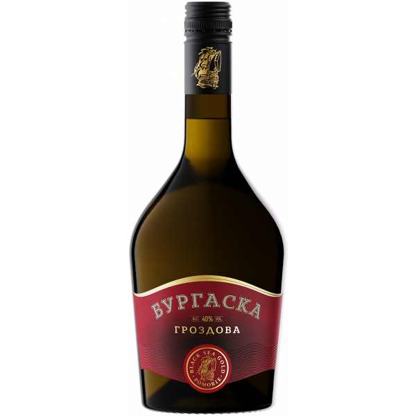 Flasche der Burgaska Grozdova Rakia 700ml, eine traditionelle bulgarische Traubenbranntwein-Spezialität, mit rubinrotem Etikett und goldfarbenen Akzenten.
