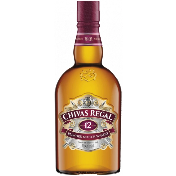 Flasche Chivas Regal 12 Jahre, ein hochwertiger schottischer Blended Whisky mit weichem Geschmack und feiner Balance.