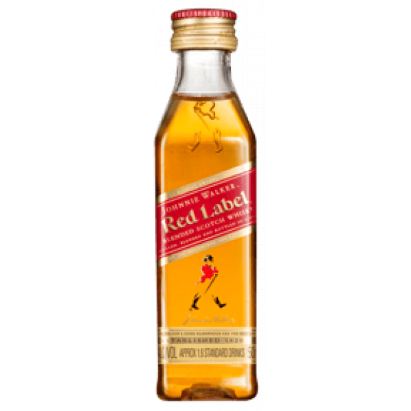 Kleine 50-ml-Flasche Johnnie Walker Red Label Blended Scotch Whisky mit rotem Etikett und goldener Kappe. Perfekt für unterwegs oder als Geschenk.