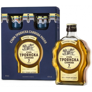 Geschenk Box Troyanska 7 godishna, bulgarischer Trauben Schnaps 7 Jahre gereift in einer Geschenkverpackung mit zwei Keramikbecher