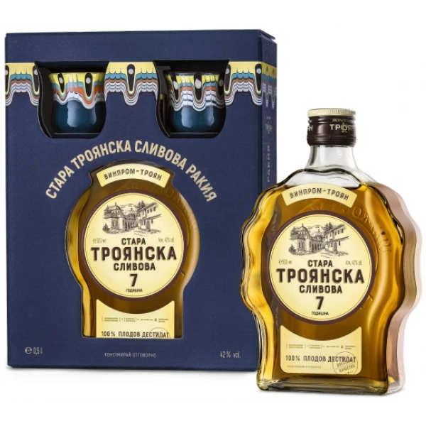 Geschenk Box Troyanska 7 godishna, bulgarischer Trauben Schnaps 7 Jahre gereift in einer Geschenkverpackung mit zwei Keramikbecher