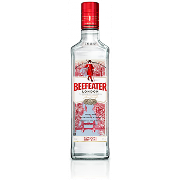 Flasche Beefeater London Dry Gin, 700 ml, klassischer britischer Gin mit 40% Alkoholgehalt, in transparenter Glasflasche mit rotem Verschluss und ikonischem Beefeater-Design – ein Favorit für Cocktails.