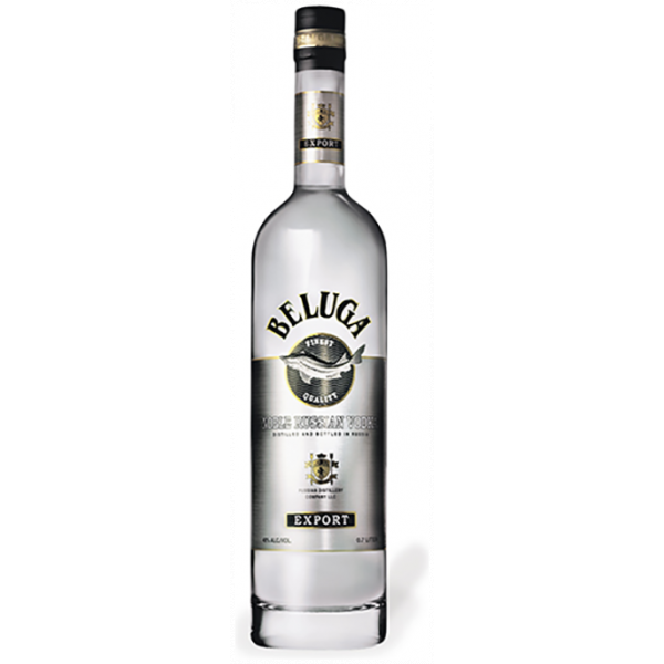 Flasche Beluga Noble Russian Vodka Export, 0,7 Liter, handgefertigter Premium-Wodka mit 40% Alkoholgehalt, in luxuriöser Glasflasche mit silbernen Details und schwarzem Verschluss.