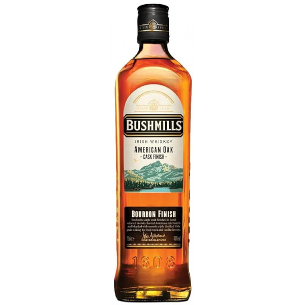 Flasche Bushmills American Oak Cask Finish, ein irischer Whiskey mit Bourbon-Noten, gereift in amerikanischen Eichenfässern.