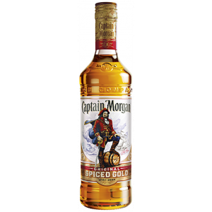 Flasche Captain Morgan Original Spiced Gold Rum, 700 ml, 35% Alkoholgehalt, in transparenter Glasflasche mit goldenem Verschluss und ikonischem Piraten-Logo – ein würziger, milder Rum für Cocktails und puren Genuss.