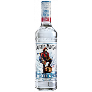 Flasche Captain Morgan White Rum, 700 ml, karibischer Rum mit 37,5% Alkoholgehalt, in transparenter Glasflasche mit ikonischem Piratenlogo – ein milder Rum für Cocktails und Mixgetränke.