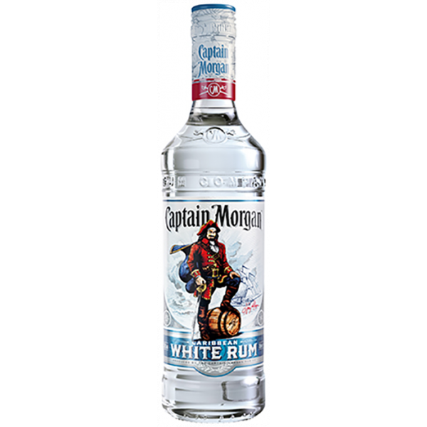 Flasche Captain Morgan White Rum, 700 ml, karibischer Rum mit 37,5% Alkoholgehalt, in transparenter Glasflasche mit ikonischem Piratenlogo – ein milder Rum für Cocktails und Mixgetränke.