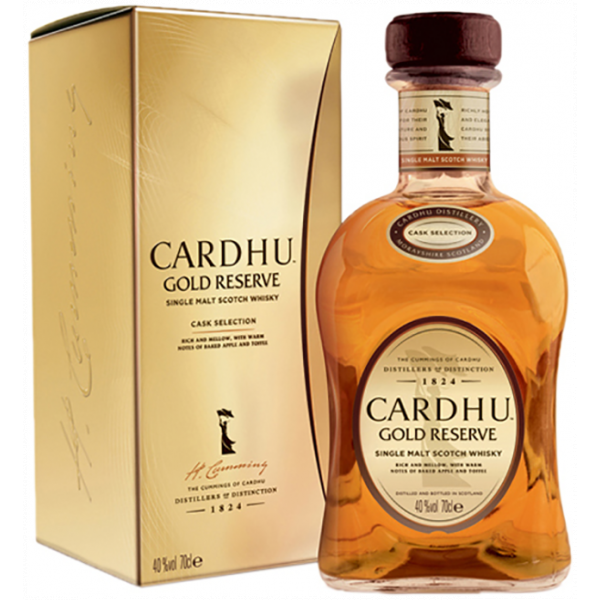 Elegante Cardhu Gold Reserve Whiskyflasche mit goldener Geschenkverpackung. Enthält 700 ml Single Malt Scotch Whisky mit warmen Noten von Apfel und Toffee.