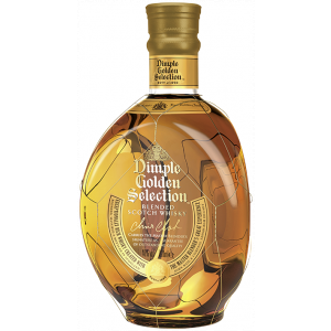 Markante Dimple Golden Selection Whiskyflasche mit einzigartiger, dreieckiger Form und goldenen Akzenten. Gefüllt mit 700 ml mildem Blended Scotch Whisky.