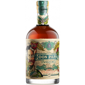 Flasche Don Papa Baroko Rum, 700 ml, philippinischer Single-Island-Rum mit 40% Alkoholgehalt, in auffälliger Flasche mit kunstvollem, tropischen Etikett.