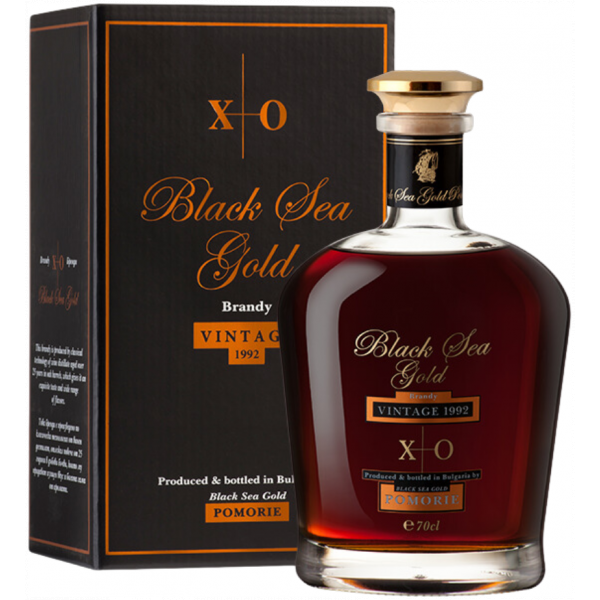 Flasche Black Sea Gold 25 XO Brandy, bulgarischer Brandy vintage 1992 in Geschenkbox