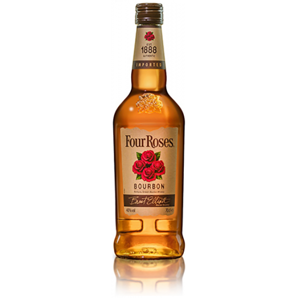 Elegante Flasche Four Roses Bourbon Whisky mit goldener Flüssigkeit und charakteristischem Rosen-Design. Enthält 700 ml Kentucky Straight Bourbon.