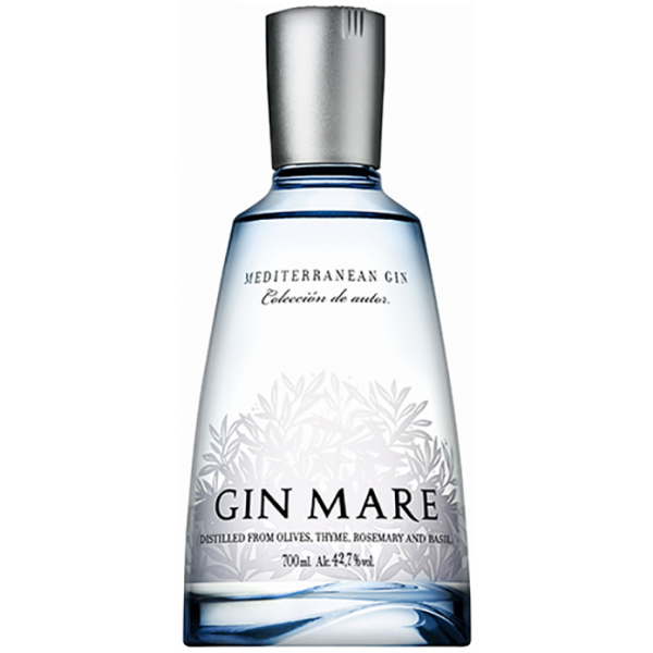 Flasche Gin Mare Mediterranean Gin, 700 ml, Premium-Gin mit 42,7% Alkoholgehalt, destilliert mit Oliven, Rosmarin, Thymian und Basilikum, in edler mattierter Flasche mit silbernem Verschluss.