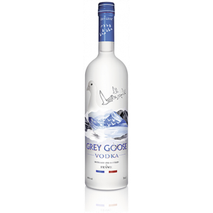 Flasche Grey Goose Vodka, 700 ml, französischer Ultra-Premium-Wodka, 40% Alkoholgehalt, in einer edlen, mattierten Glasflasche mit ikonischem Gänsedesign und blauem Verschluss.