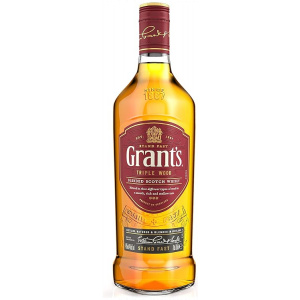 Traditionelle Grant's Whiskyflasche mit rotem Etikett und glattem Glas. Gefüllt mit 700 mll Blended Scotch Whisky, gereift in drei verschiedenen Holzfässern
