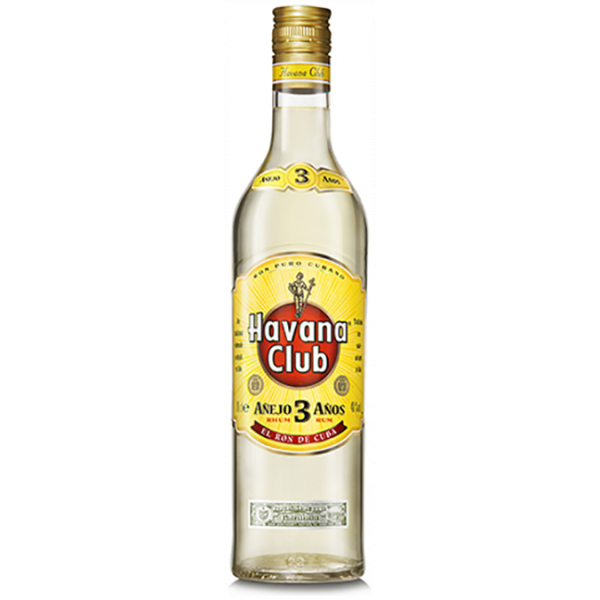 Flasche Havana Club Añejo 3 Años, 700 ml, kubanischer Rum mit 40% Alkoholgehalt, in transparenter Glasflasche mit goldfarbenem Etikett – perfekt für Mojitos und andere Cocktails.