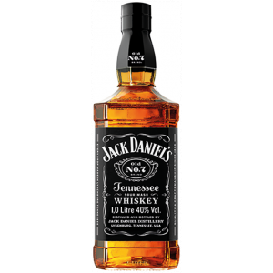 Eine klassische Flasche Jack Daniel's Old No. 7 Tennessee Whiskey mit 1 Liter Fassungsvermögen, bekannt für ihren milden Geschmack und das ikonische schwarze Label.