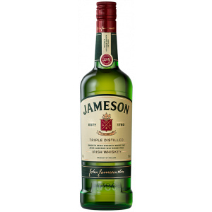 Grüne Flasche Jameson Irish Whiskey mit traditionellem Etikett und rotem Verschluss. Enthält 700 ml dreifach destillierten Whiskey für einen milden Geschmack.