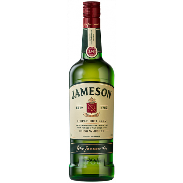 Grüne Flasche Jameson Irish Whiskey mit traditionellem Etikett und rotem Verschluss. Enthält 700 ml dreifach destillierten Whiskey für einen milden Geschmack.