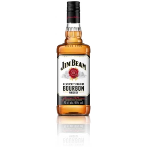 Jim Beam Kentucky Straight Bourbon Whiskey in klassischer Flasche mit Spiegelung auf weißem Hintergrund – ein ikonischer amerikanischer Bourbon für jeden Anlass.