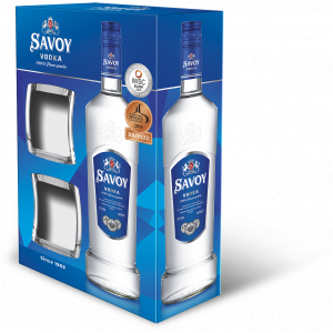 Geschenkbox Vodka Savoy, bulgarischer Wodka mit zwei Gläser in einer Geschenkverpackung