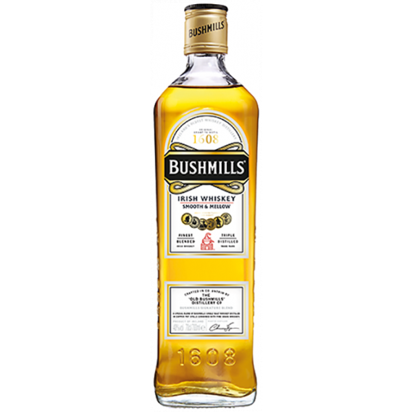 Klassische Bushmills Whiskyflasche mit schmalem, rechteckigem Design und goldener Kappe. Enthält 700 ml Irish Whiskey mit sanftem, weichem Geschmack.