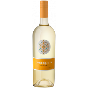 Flasche Pentagram Chardonnay Weißwein aus der Black Sea Gold Weinkellerei in Pomorie – ein eleganter, ausgewogener Wein mit fruchtigen Noten und orangefarbenem Etikett.