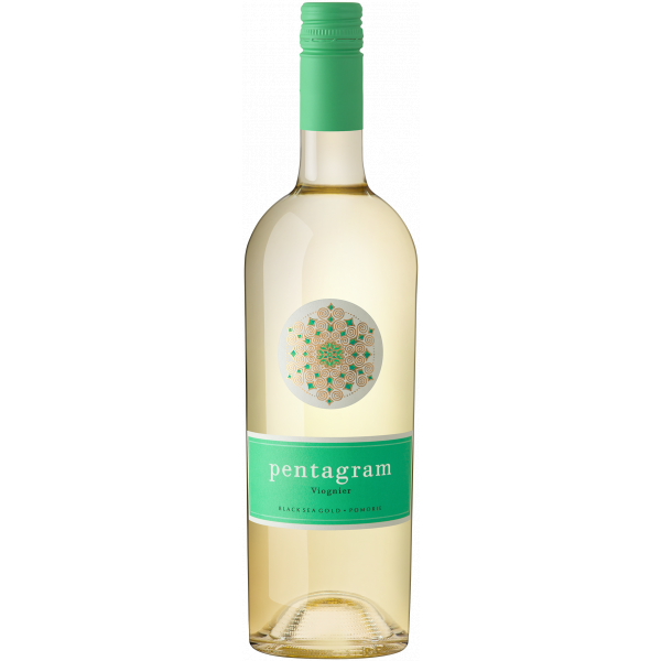 Flasche Pentagram Viognier Weißwein aus der Black Sea Gold Weinkellerei in Pomorie – fruchtiger und aromatischer Wein mit elegantem grünem Etikett.