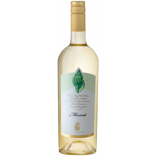 Seashell (Rakovina) Muscat Weißwein aus Bulgarien – elegante 750-ml-Flasche mit Muschelgrafik, hergestellt von Black Sea Gold Pomorie.