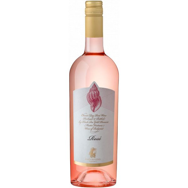 Bulgarischer Roséwein Seashell (Rakovina) aus Cabernet Sauvignon, zarte rosa Flasche mit Muschelgrafik, ein klassischer Rose aus der Schwarzmeerregion Bulgariens.
