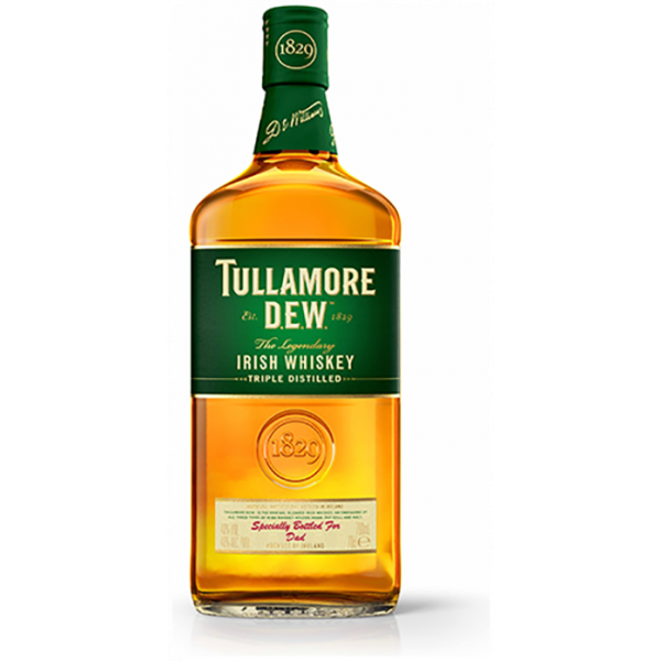 Eine Flasche Tullamore D.E.W. Irish Whiskey mit 700 ml Inhalt, bekannt für dreifache Destillation und sanfte Aromen.
