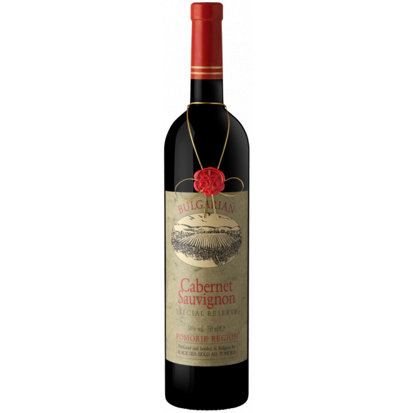 cabernet-stamp-380x1024 Flasche Cabernet Sauvignon Special Reserve, ein hochwertiger bulgarischer Rotwein aus der Pomorie-Region mit dekorativem rotem Wachssiegel.