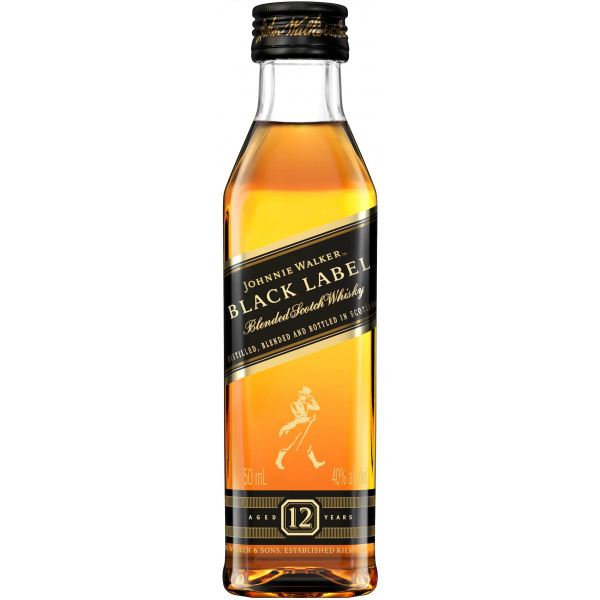 Kleine Flasche Johnnie Walker Black Label 12 Jahre Miniatur, 50 ml, ein Premium-Whisky mit tiefen und komplexen Aromen, ideal für Whisky-Liebhaber.