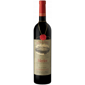 Flasche Stamp Collection Merlot Special Reserve, ein bulgarischer Rotwein aus dem Thrakischen Tal mit intensivem Geschmack und edlem Design mit dekorativem rotem Wachssiegel.