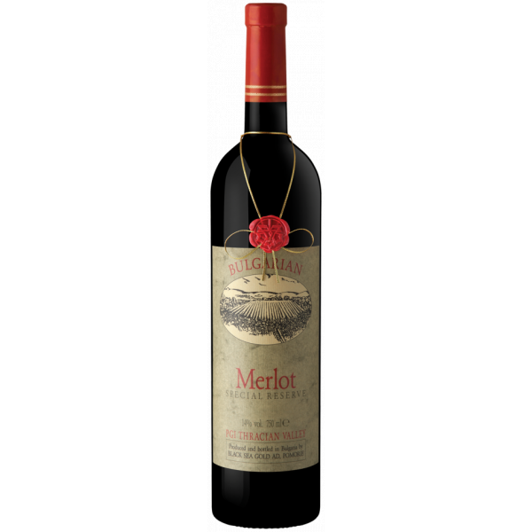 Flasche Stamp Collection Merlot Special Reserve, ein bulgarischer Rotwein aus dem Thrakischen Tal mit intensivem Geschmack und edlem Design mit dekorativem rotem Wachssiegel.