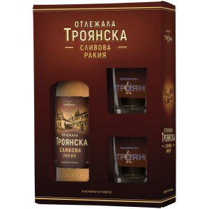 Geschenk Box Troyanska Matured Pflaumen (Slivova Otlezhala) Rakia, bulgarischer Pflaumen Schnaps in einer Geschenkverpackung mit zwei Gläser