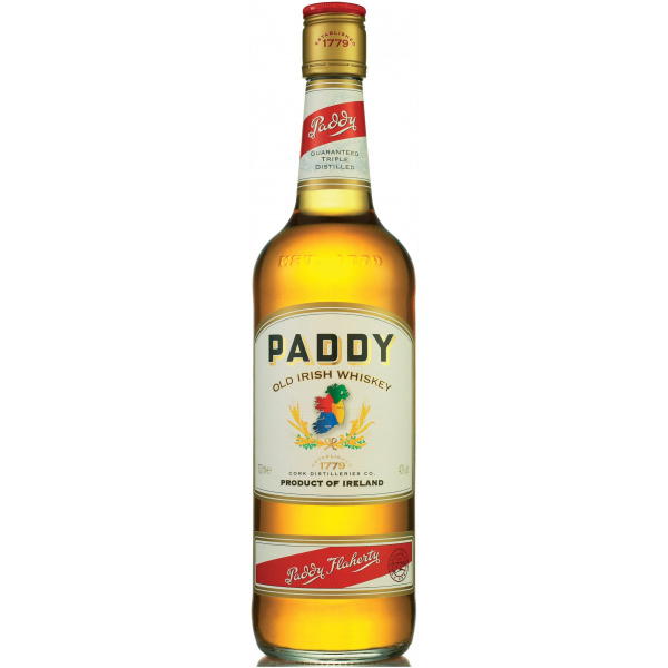 Paddy Old Irish Whiskey in einer klassischen 700-ml-Flasche mit markantem roten und weißen Etikett, dreifach destilliert für einen weichen Geschmack.