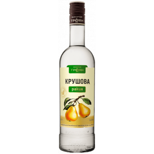 Flasche der Troyanska Birnen (Krushova) Rakia, eine traditionelle bulgarische Birnenrakia mit gelbem Etikett, das saftige Birnen zeigt.