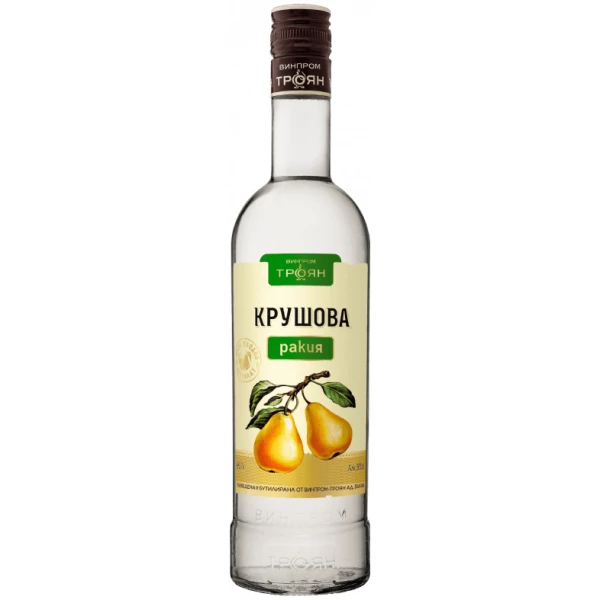 Flasche der Troyanska Birnen (Krushova) Rakia, eine traditionelle bulgarische Birnenrakia mit gelbem Etikett, das saftige Birnen zeigt.