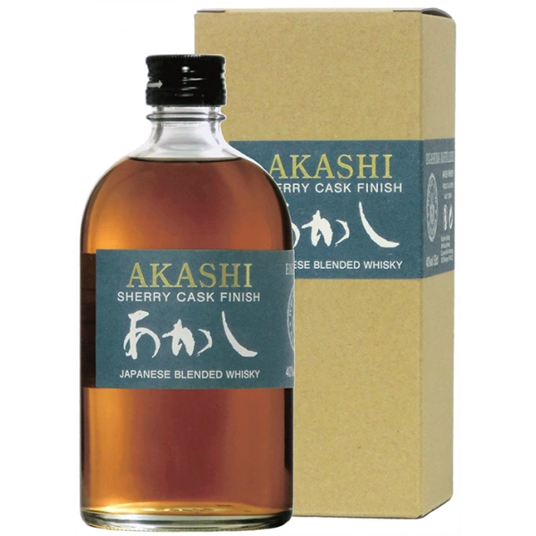 AKASHI Whiskey Flasche Akashi Sherry Cask Finish Whisky 500ml mit beigefarbener Verpackung, ein weicher japanischer Blend mit einem reichen Sherry-Abgang.