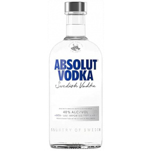 Flasche Absolut Vodka 700ml, ikonisches Design mit blauem Schriftzug auf transparentem Glas, eine beliebte schwedische Vodka-Marke.