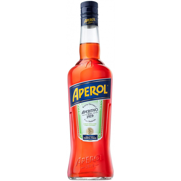 Flasche Aperol 700ml, ein klassischer italienischer Aperitif mit orangefarbener Flüssigkeit, unverwechselbarem Etikett und traditionellem Design.
