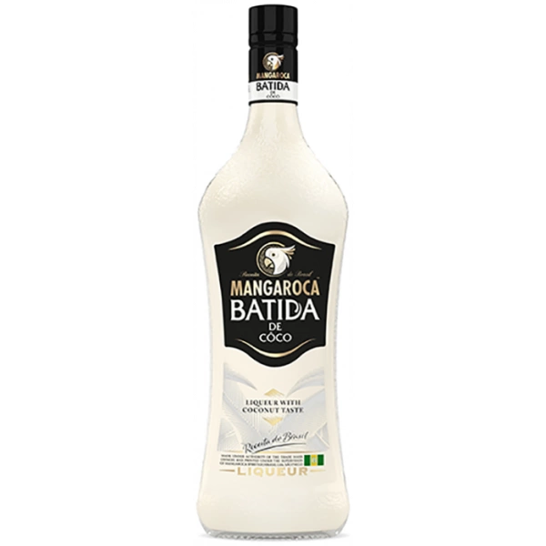 Flasche Mangaroca Batida de Coco 700ml, ein brasilianischer Kokosnusslikör mit cremiger Textur und schwarzem Etikett.