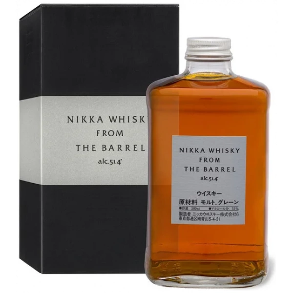 Flasche Nikka From the Barrel 500ml mit einer minimalistischen Verpackung und einem tief goldenen Inhalt, ein ikonischer japanischer Whisky mit 51,4 % Alkoholgehalt.