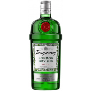 Flasche Tanqueray London Dry Gin, ein hochwertiger britischer Gin mit charakteristischer grüner Glasflasche, rotem Wachssiegel und silbernem Schraubverschluss.