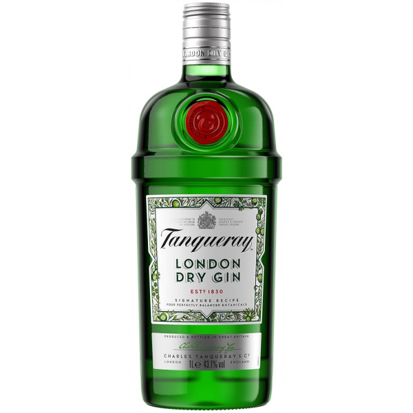 Flasche Tanqueray London Dry Gin, ein hochwertiger britischer Gin mit charakteristischer grüner Glasflasche, rotem Wachssiegel und silbernem Schraubverschluss.