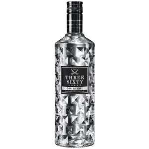 Flasche Three Sixty Vodka 700ml, erkennbar an ihrem einzigartigen, facettenreichen Design, das wie ein geschliffener Diamant schimmert. Diese Premium-Wodka-Marke ist bekannt für ihre Reinheit und den sanften Geschmack.